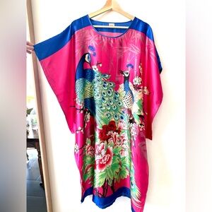 Vibrant Peacock Print Satin Caftan - Hot Pink & Royal Blue